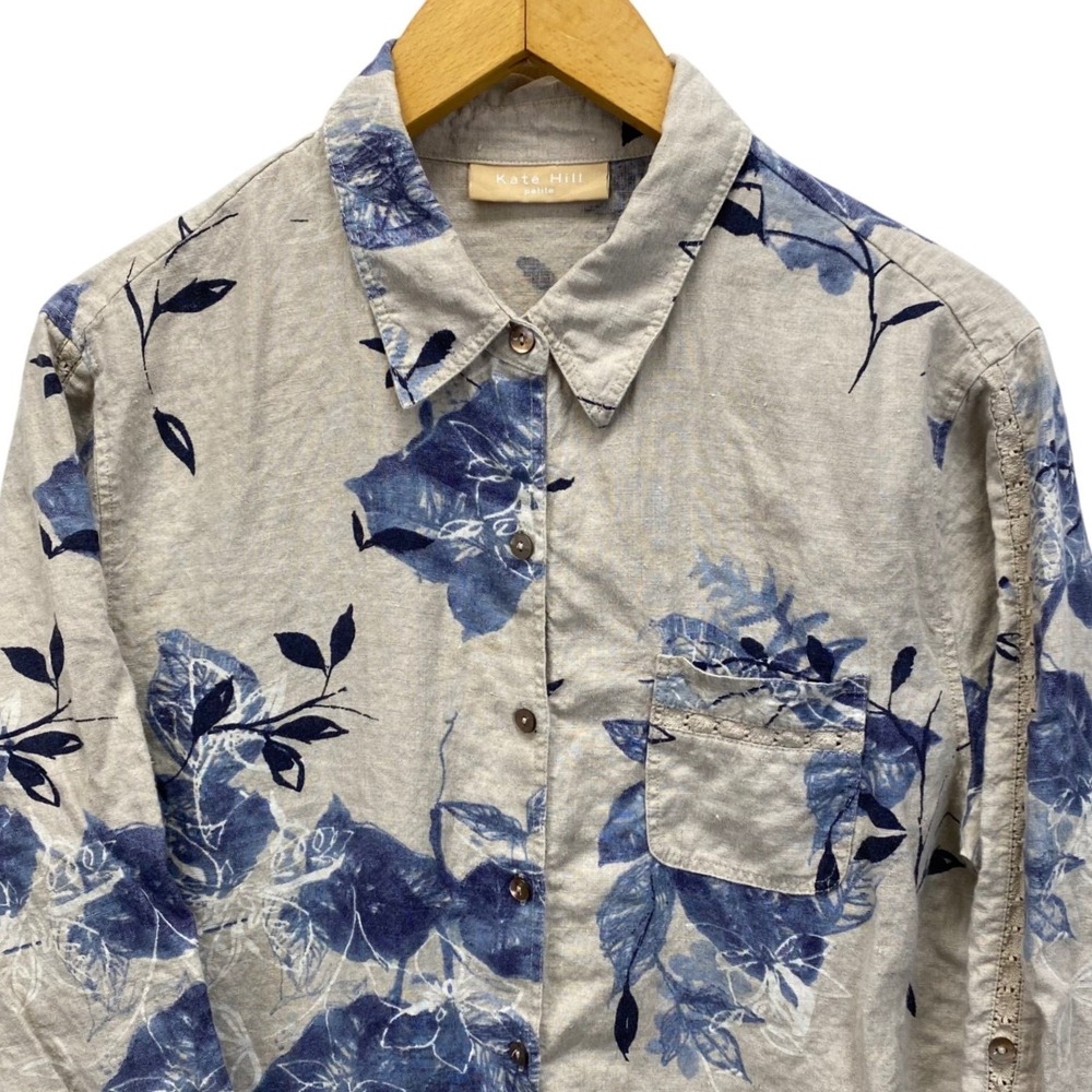 Kate Hill Button Down 100% Linen Shirt PL Floral Print‎ Roll Tab Sleeevs VTG 90s